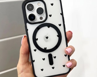 Piccola custodia per telefono MagSafe con motivo a cuori neri per iPhone 17 16 15 14 13 12 11 11 Pro Max Mini XR X XS antiurto magnetica, cover personalizzata per telefono