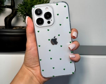 Small Green Heart Print Clear Phone Case for iPhone 15 14 13 12 11 11 Pro Max Mini 7 8 XR XS X Shockproof Slim Phone Cover with Custom Name