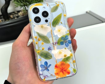 Pressed Flower Print Clear Phone Case for iPhone 15 14 13 12 11 11 Pro Max Mini 7 8 XR XS X Shockproof Silicone Phone Cover with Custom Name