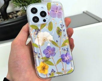 Pressed Flower Print Clear Phone Case for iPhone 15 14 13 12 11 11 Pro Max Mini 7 8 XR XS X Shockproof Silicone Phone Cover with Custom Name