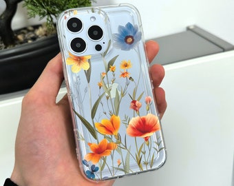Pressed Flower Print Clear Phone Case for iPhone 15 14 13 12 11 11 Pro Max Mini 7 8 XR XS X Shockproof Silicone Phone Cover with Custom Name