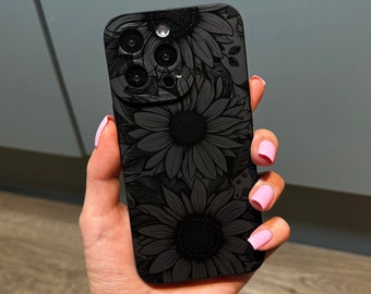 Black Sunflower Floral Print Phone Case for iPhone 15 14 13 12 11 11 Pro Max Mini 7 8 XR XS X Shockproof Phone Cover with Customised Name