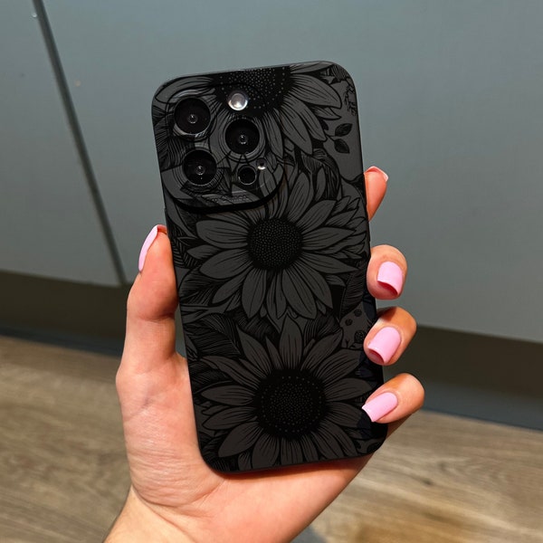 Black Sunflower Floral Print Phone Case for iPhone 15 14 13 12 11 11 Pro Max Mini 7 8 XR XS X Shockproof Phone Cover with Customised Name