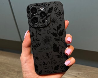 Floral Print Black Phone Case for iPhone 15 14 13 12 11 11 Pro Max Mini 7 8 XR XS X Shockproof Phone Cover with Customised Name