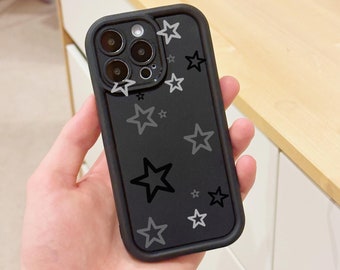 Grey Star Pattern Black Thick Phone Case for iPhone 15 14 13 12 11 11 Pro Max Mini 7 8 XR XS X Shockproof Phone Cover with Customised Name