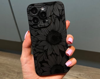 Black Sunflower Floral Print Phone Case for iPhone 15 14 13 12 11 11 Pro Max Mini 7 8 XR XS X Shockproof Phone Cover with Customised Name