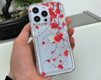 Red Blossom Floral Clear Phone Case for iPhone 15 14 13 12 11 11 Pro Max Mini 7 8 XR XS X Shockproof Silicone Phone Cover with Custom Name