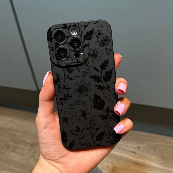 Floral Print Black Phone Case for iPhone 15 14 13 12 11 11 Pro Max Mini 7 8 XR XS X Shockproof Phone Cover with Customised Name