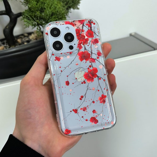 Red Blossom Floral Clear Phone Case for iPhone 15 14 13 12 11 11 Pro Max Mini 7 8 XR XS X Shockproof Silicone Phone Cover with Custom Name