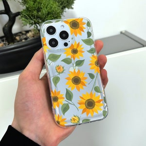Coque de téléphone transparente florale à motif tournesol 15 14 13 12 11 11 Pro Max Mini 7 8 XR XS X Coque de téléphone antichoc avec nom personnalisé
