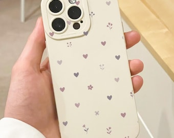 Pastel Heart Flower Pattern Beige Phone Case for iPhone 17 16 15 14 13 12 11 11 Pro Max Mini 7 XR X Shockproof Phone Cover Personalised Name