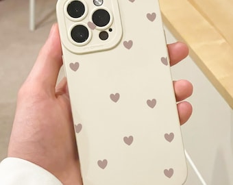 Brown Heart Pattern Beige Phone Case for iPhone 17 16 15 14 13 12 11 11 Pro Max Mini 7 8 XR XS X Shockproof Phone Cover with Custom Name