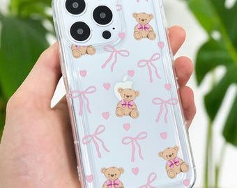 Pink Bow Heart Bear Clear Phone Case for iPhone 17 16 15 14 13 12 11 11 Pro Max Mini 7 8 XR XS X Shockproof Thick Phone Cover for Girls