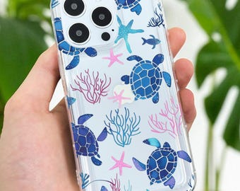 Summer Ocean Turtle Pattern Clear Phone Case for iPhone 17 16 15 14 13 12 11 11 Pro Max Mini 7 8 XR XS X Shockproof Phone Cover Custom Name