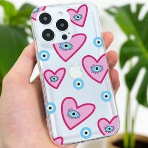 Herz Evil Eye Muster klare Handyhülle für iPhone 17 16 15 14 13 12 11 11 Pro Max Mini 7 8 XR XS X Stoßfeste Silikonhülle Benutzerdefinierter Name