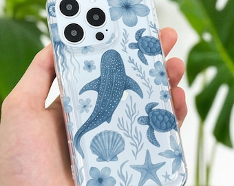 Blue Shark Turtle Shell Pattern Clear Phone Case for iPhone 17 16 15 14 13 12 11 11 Pro Max Mini 7 8 XR XS X Shockproof Cover