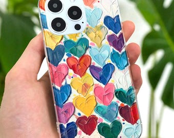 Flerfärgat hjärtan genomskinligt telefonskal för iPhone 17 16 15 14 13 12 11 11 Pro Max Mini 7 8 XR XS X Stötsäkert smalt telefonskal Anpassat namn