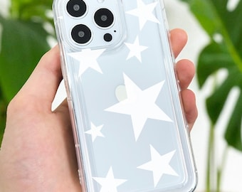 Clear Phone Case with White Stars for iPhone 17 16 15 14 13 12 11 11 Pro Max Mini 7 8 XR XS X Shockproof Slim Phone Cover with Custom Name