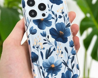 Blue Flower Floral Clear Phone Case for iPhone 17 16 15 14 13 12 11 11 Pro Max Mini 7 8 XR XS X Wallet Shockproof Phone Cover Custom Name