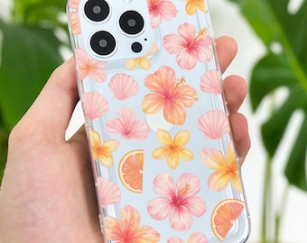 Hibiscus Flower Seashell Citrus Fruit Clear Phone Case for iPhone 17 16 15 14 13 12 11 11 Pro Max Mini 7 8 XR XS X Wallet Shockproof Cover