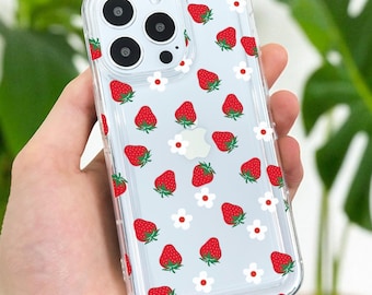 Strawberry Pattern Clear Phone Case for iPhone 17 16 15 14 13 12 11 11 Pro Max Mini 7 8 XR XS X Shockproof Silicone Phone Cover Custom Name