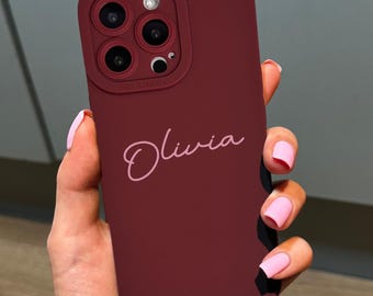 Burgundy Personalised Pink Cursive Name Phone Case for iPhone 17 16 15 14 13 12 11 11 Pro Max Mini 7 XR Shockproof Phone Cover Custom Name