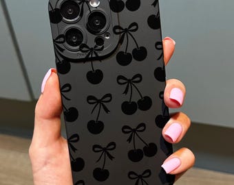 Cherry Bow Black Phone Case for iPhone 17 16 15 14 13 12 11 11 Pro Max Mini 7 8 XR XS X Shockproof Phone Cover with Custom Name
