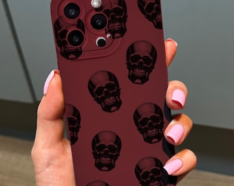 Black Gothic Skull Burgundy Phone Case for iPhone 17 16 15 14 13 12 11 11 Pro Max Mini 7 8 XR XS X Shockproof Phone Cover with Custom Name