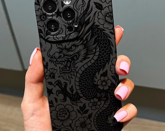 Dragon Floral Gothic Black Phone Case for iPhone 17 16 15 14 13 12 11 11 Pro Max Mini 7 8 XR XS X Shockproof Phone Cover Customised Name