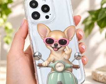 Funny Chihuahua Scooter Clear Phone Case for iPhone 18 17 16 15 14 13 12 11 11 Pro Max Mini XR Shockproof Slim Phone Cover with Custom Name