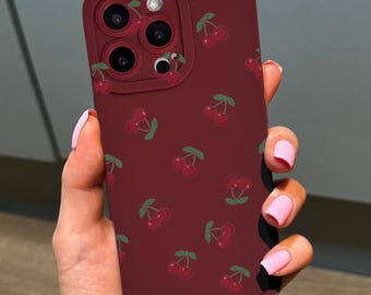 Cherry Pattern Burgundy Phone Case for iPhone 17 16 15 14 13 12 11 11 Pro Max Mini 7 8 XR XS X Shockproof Phone Cover with Custom Name