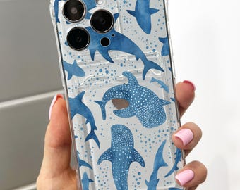 Whale Shark Card Holder Phone Case for iPhone 17 16 15 14 13 12 11 11 Pro Max Mini 7 8 XR XS X Wallet Shockproof Phone Cover Customised Name