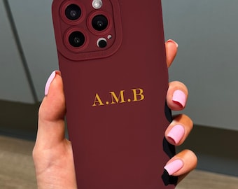 Burgundy Personalised Initials Monogram Phone Case for iPhone 17 16 15 14 13 12 11 11 Pro Max Mini 7 8 XR Shockproof Phone Cover Custom Name