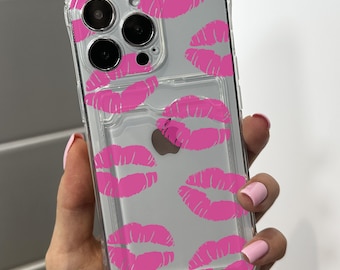 Etui na telefon z uchwytem na karty Pink Lips do iPhone'a 17 16 15 14 13 12 11 11 Pro Max Mini 7 8 XR XS X Portfel odporny na wstrząsy z niestandardowym imieniem
