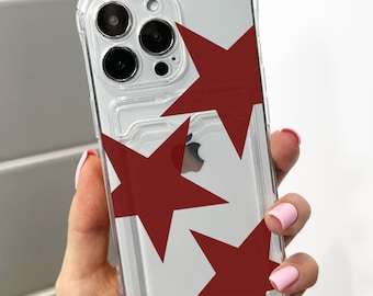 Red Retro Star Pattern Card Holder Phone Case for iPhone 17 16 15 14 13 12 11 11 Pro Max Mini 7 8 XR Wallet Shockproof Phone Cover
