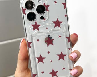 Burgundy Star Clear Card Holder Phone Case for iPhone 17 16 15 14 13 12 11 11 Pro Max Mini 7 XR X Wallet Shockproof Phone Cover Custom Name