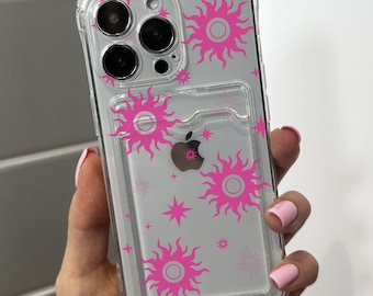 Różowe, przezroczyste etui na telefon z uchwytem na karty do iPhone'a 17 16 15 14 13 12 11 11 Pro Max Mini 7 8 XR XS X Portfelowe etui na telefon odporne na wstrząsy z niestandardowym imieniem