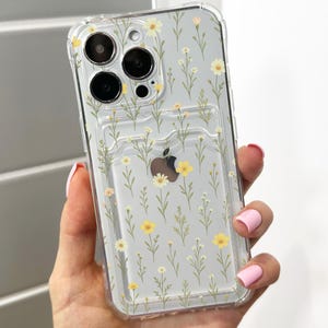Funda para teléfono con tarjetero transparente con estampado de flores silvestres para iPhone 16, 15, 14, 13, 12, 11, 11 Pro Max, Mini 7, funda tipo cartera a prueba de golpes