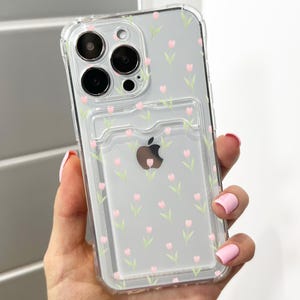 Kleine rosa Tulpe Knospen Muster Kartenhalter Handyhülle für iPhone 17 16 15 14 13 12 11 Pro Max Mini 7 XR Brieftasche Stoßfeste Abdeckung Benutzerdefinierte Name