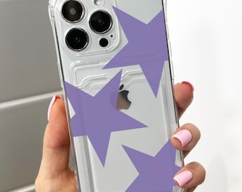 Purple Retro Star Pattern Card Holder Phone Case for iPhone 17 16 15 14 13 12 11 11 Pro Max Mini 7 8 XR Wallet Shockproof Phone Cover