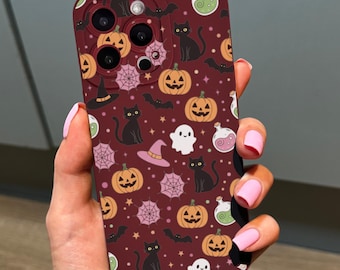 Halloween Ghost Pumpkin Burgundy Phone Case for iPhone 17 16 15 14 13 12 11 11 Pro Max Mini 7 8 XR XS X Shockproof Phone Cover Custom Name