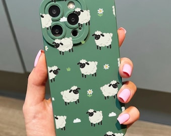 Sheep Flower Pattern Green Phone Case for iPhone 17 16 15 14 13 12 11 11 Pro Max Mini 7 8 XR Shockproof Phone Cover Custom Name