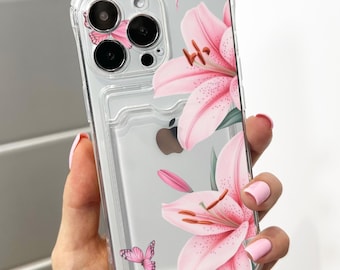 Pink Lily Butterfly Card Holder Phone Case for iPhone 17 16 15 14 13 12 11 11 Pro Max Mini 7 8 XR Wallet Shockproof Phone Cover Custom Name