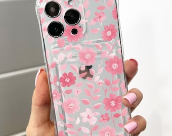 Pink Floral Pattern Card Holder Phone Case for iPhone 17 16 15 14 13 12 11 Pro Max Mini 7 8 XR Wallet Shockproof Phone Cover Custom Name