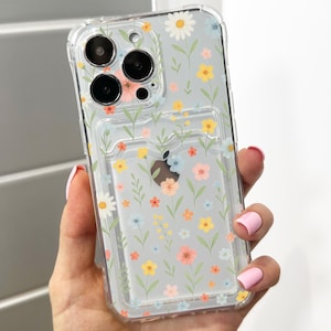 Blumen Ditsy Blumen Kartenhalter Handyhülle für iPhone 17 16 15 14 13 12 11 11 Pro Max Mini 7 8 XR Brieftasche Stoßfeste Handyhülle Benutzerdefinierter Name