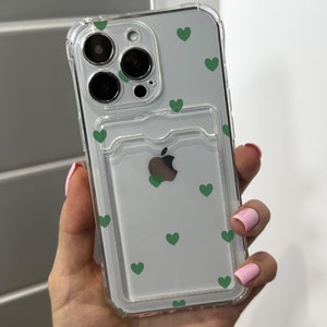 Groen Hart Kaarthouder Telefoon Case voor iPhone 17 16 15 14 13 12 11 11 Pro Max Mini 7 8 XR XS portemonnee Schokbestendig Telefoon Cover met Aangepaste Naam
