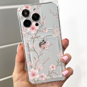 Étui pour iphone de téléphone avec porte-cartes transparent en fleurs de cerisier 16 15 14 13 12 11 11 Pro Max Mini 7 portefeuille antichoc