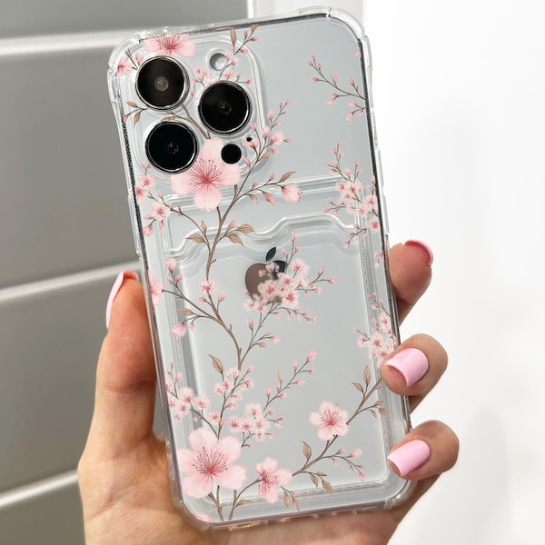 Kersenbloesem Bloemenpatroon Clear Kaarthouder Telefoon Case voor iPhone 17 16 15 14 13 12 11 11 Pro Max Mini 7 portemonnee Schokbestendig Telefoon Cover