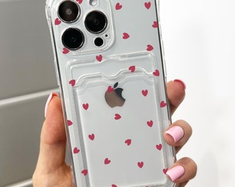 Red Heart Card Holder Phone Case for iPhone 17 16 15 14 13 12 11 11 Pro Max Mini 7 8 XR XS X Wallet Shockproof Phone Cover with Custom Name