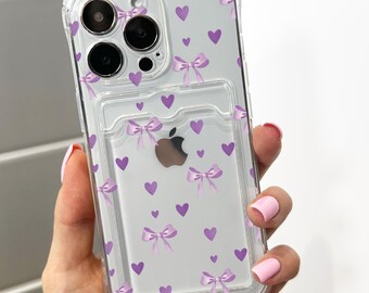 Purple Heart Bow Card Holder Phone Case for iPhone 17 16 15 14 13 12 11 11 Pro Max Mini 7 8 XR X Wallet Shockproof Phone Cover Custom Name